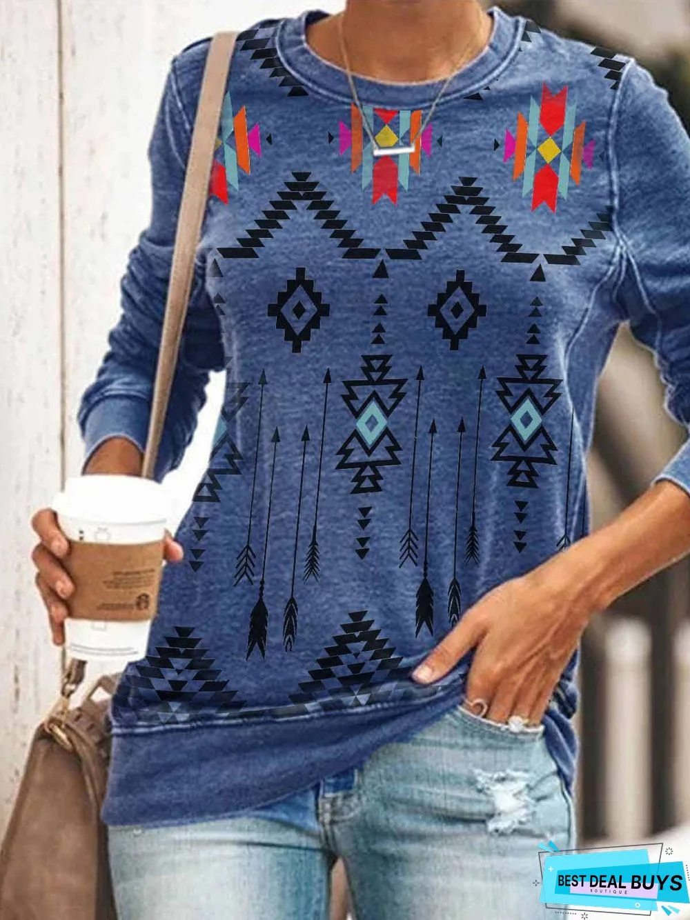 Casual Long Sleeve Crew Neck Printed Tunic Top