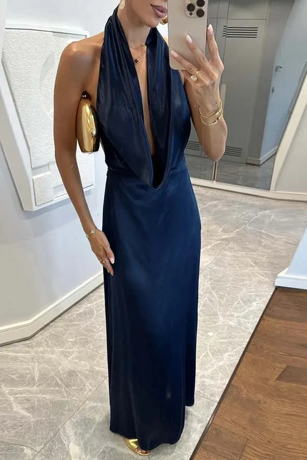 Elegant Dinner Satin Draped Cowl Neck Backless Maxi Dress