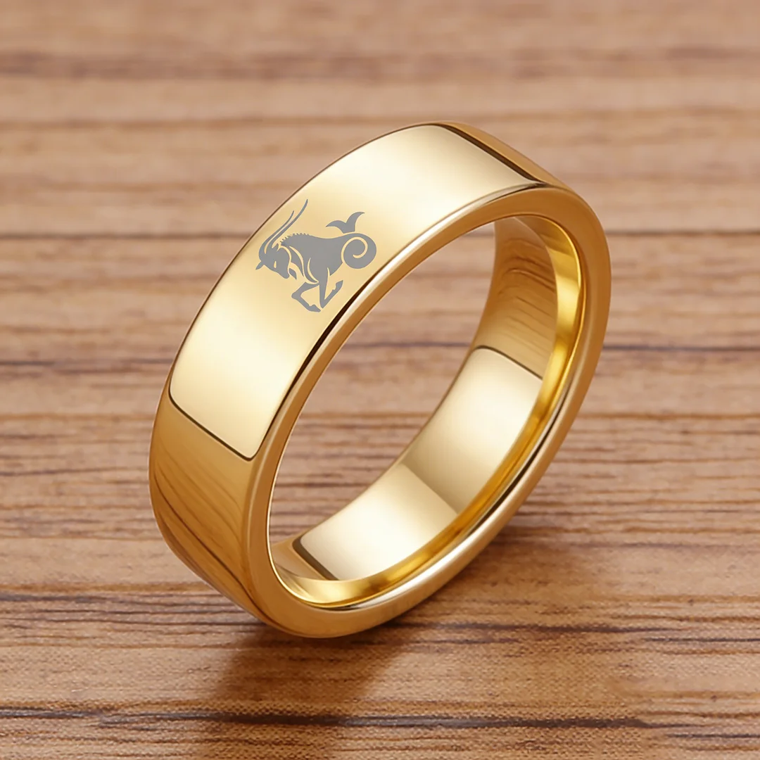 Men Women Gold Capricorn Tungsten Carbide Rings Couple Wedding Band Flat Comfort Fit 4MM 6MM 8MM Width