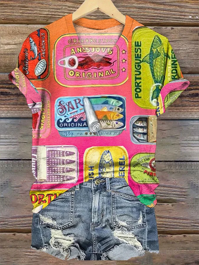 Vintage Sardines Can Print V-Neck Short Sleeve T-Shirt