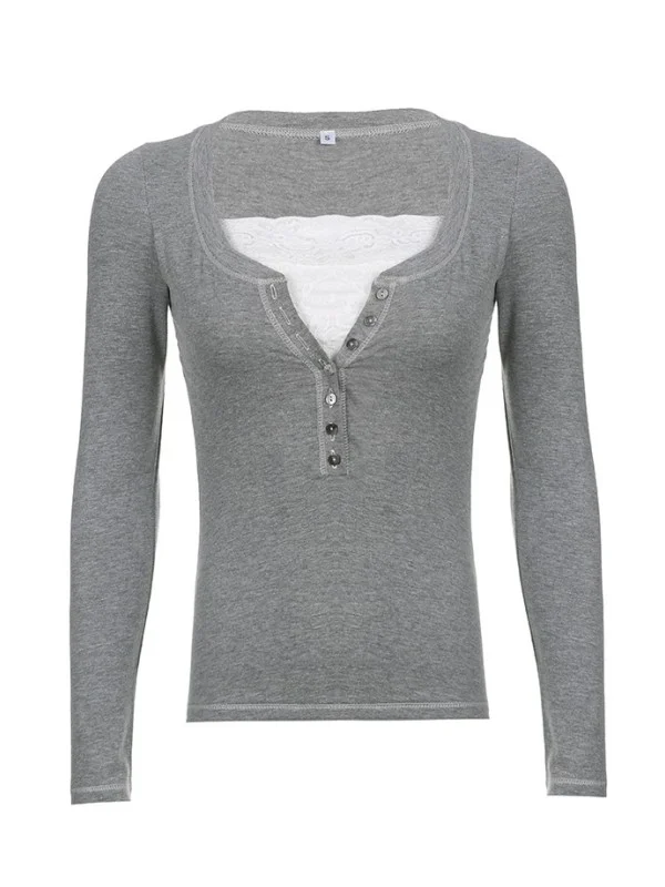 Autumn Solid Color Lace Paneled Buttoned Scoop Neck Blouse