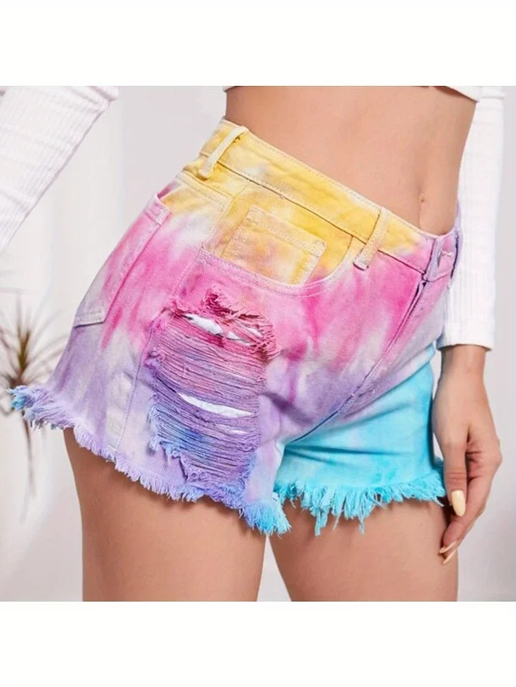 Tie Dye Fringe Distressed Denim Shorts Women Loose Comfortable Fashion Trendy Spring Summer New Arrival