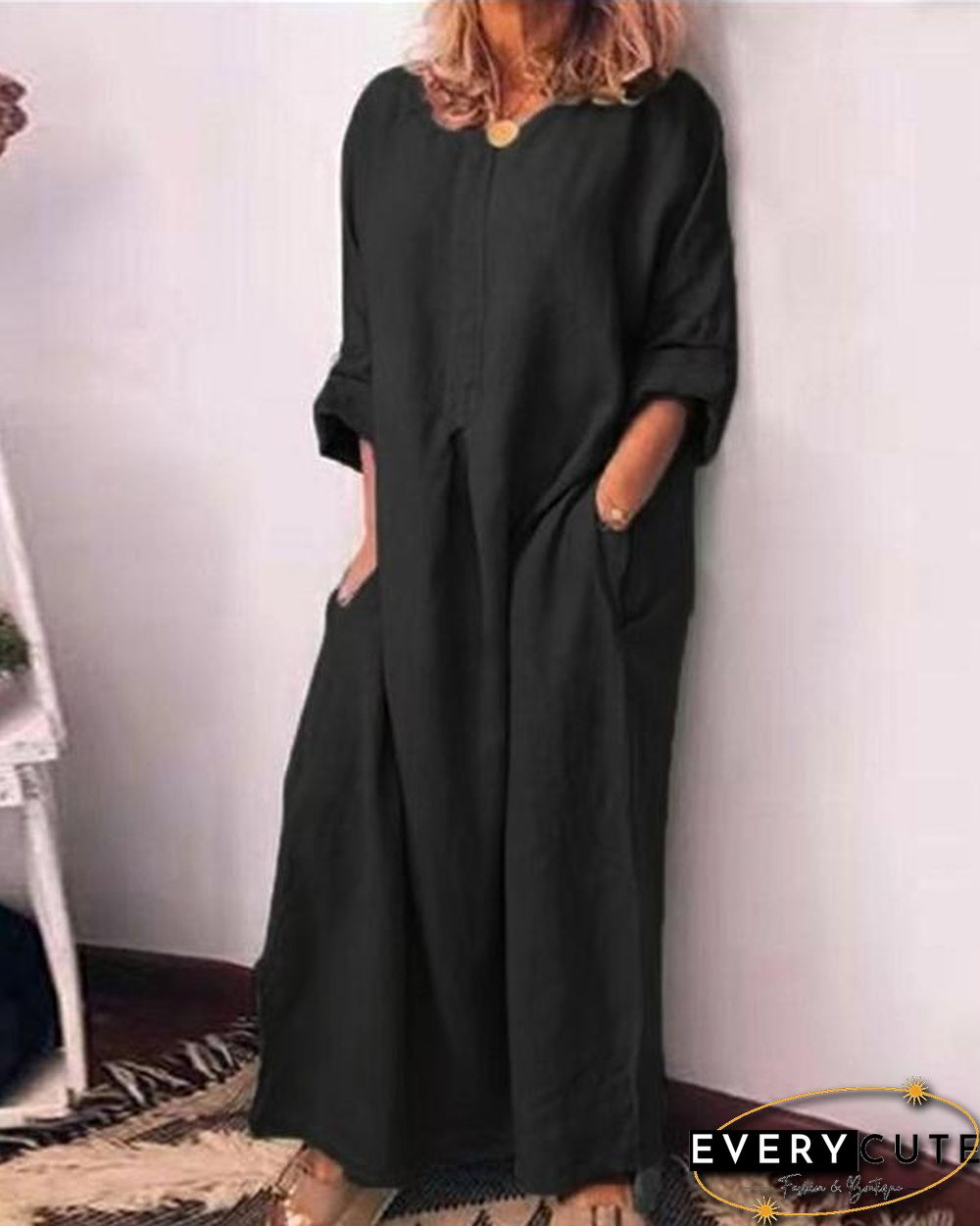 Solid Color Oversized Home Dress Casual Loose Cotton Linen Dress