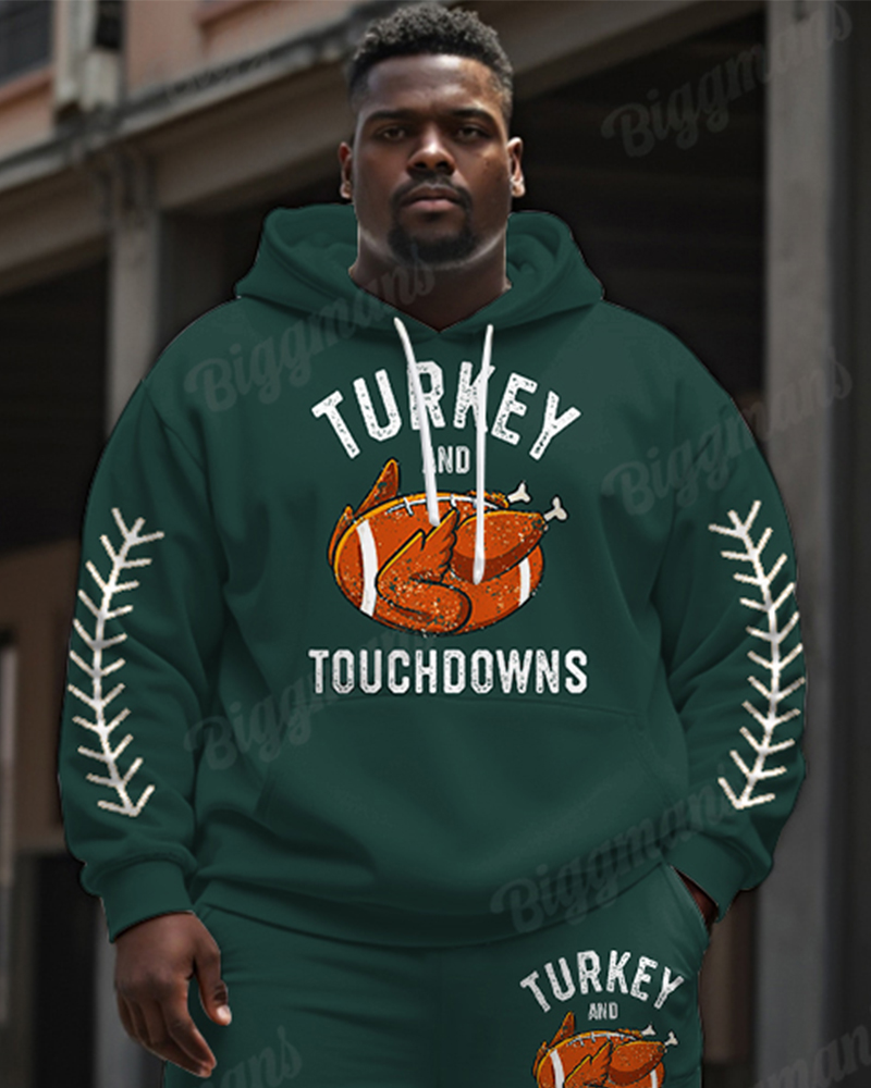 Men's Thanksgiving Day Green Turkey And Touchdowns Letter Print Plus Size Hoodie Suit