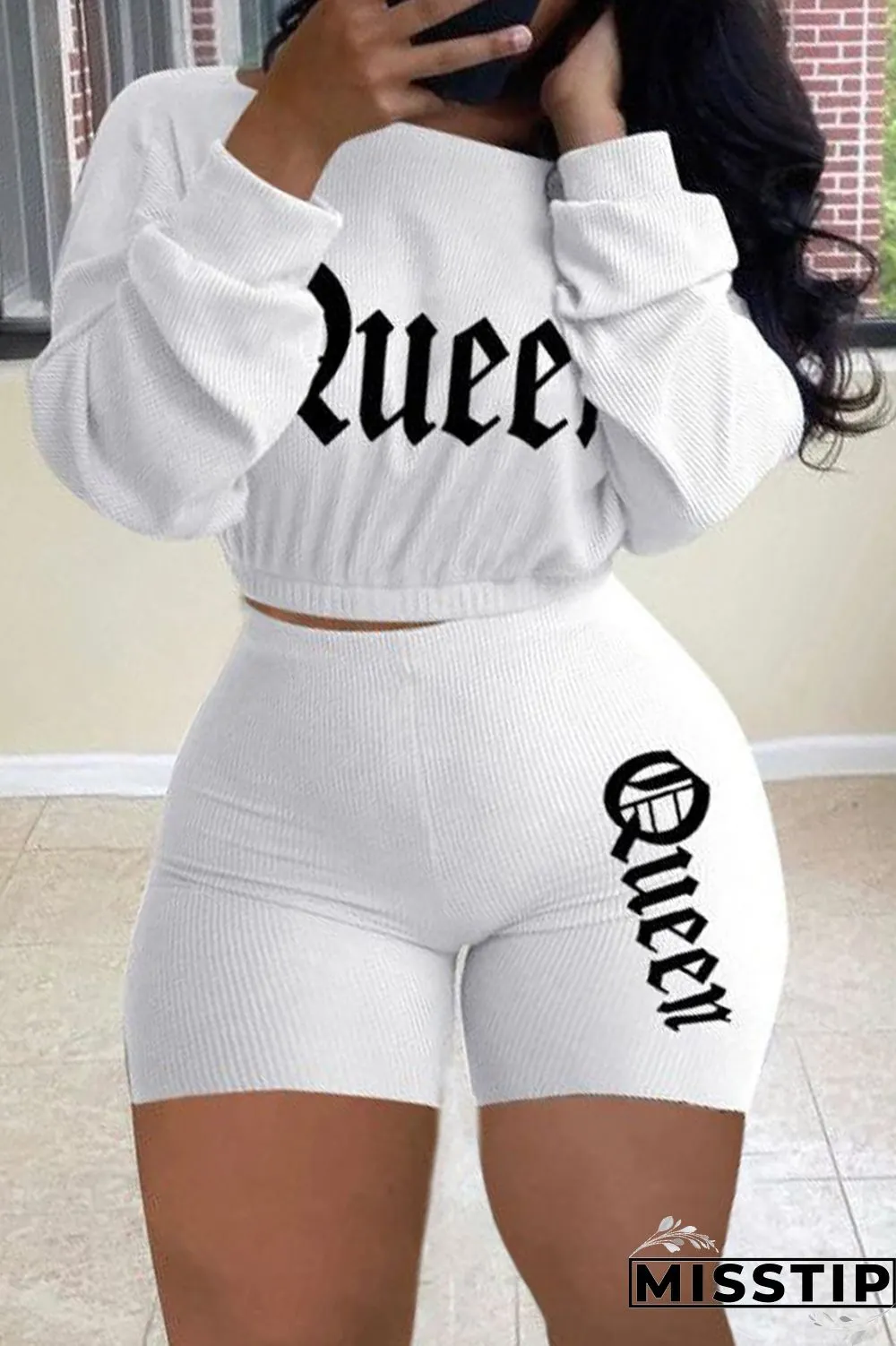 Grey Fashion Casual Print Basic O Neck Long Sleeve Two Pieces