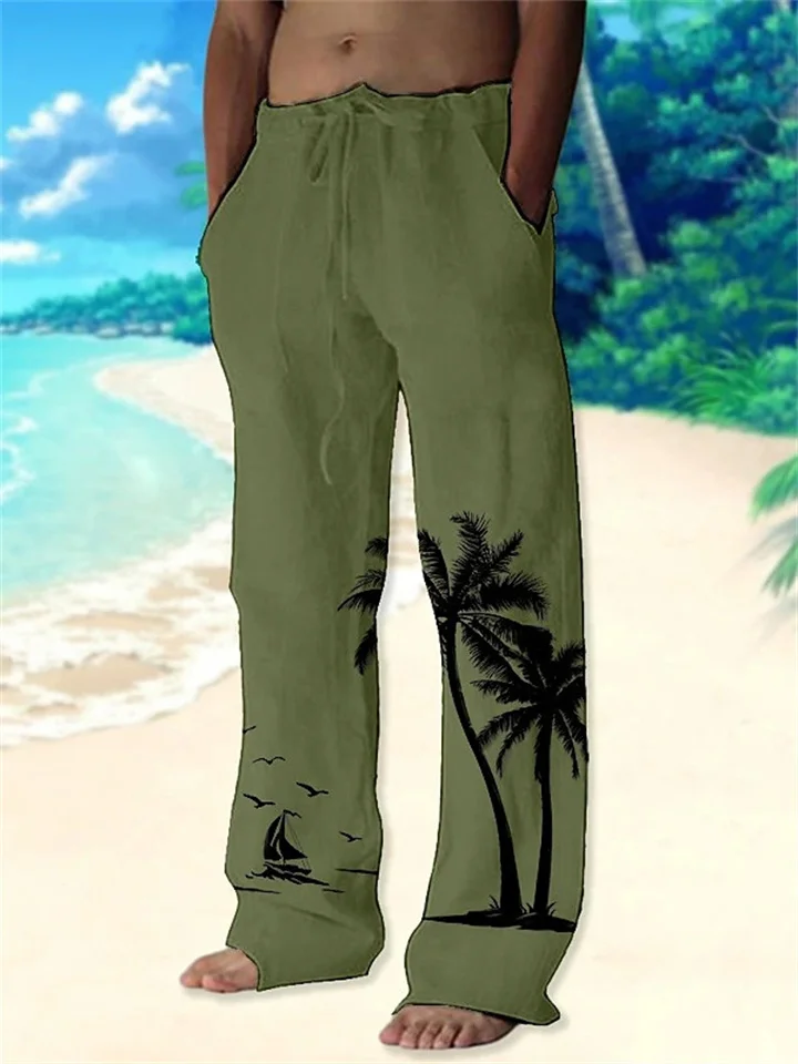 Men's Trousers Summer Pants Beach Pants Drawstring Elastic Waist Straight Leg Coconut Tree Graphic Prints Comfort Casual Daily Holiday Streetwear Hawaiian White Brown-Cosfine
