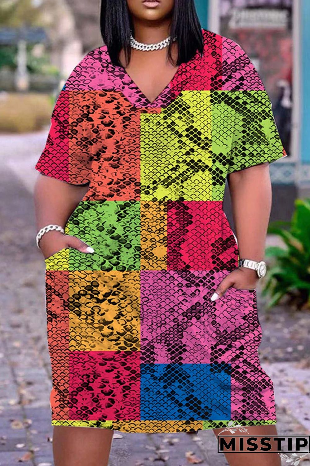 Coffee Casual Print Patchwork V Neck Short Sleeve Dress