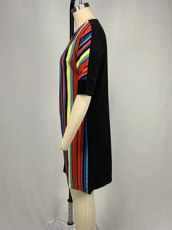 Color-Block Contrast Color Pleated Loose Three-Quarter Sleeves Round-Neck Mini Dresses