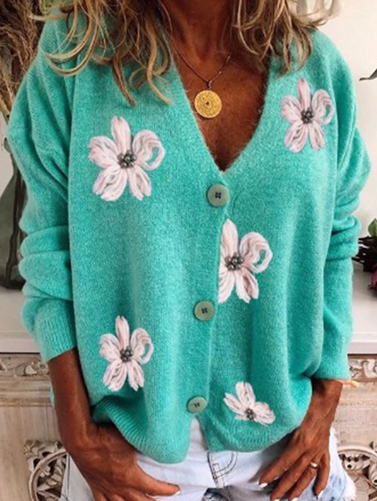 Floral Embroidery V Neck Long Sleeve Sweater Cardigan