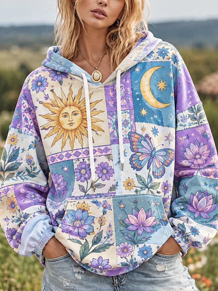Comstylish Women's Purple Patchwork Sun, Moon, Star, Butterfly & Floral Print Hoodie