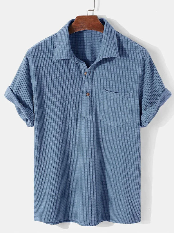 Men's Waffle Half Button Pocket Solid Color Short Sleeve Shirt