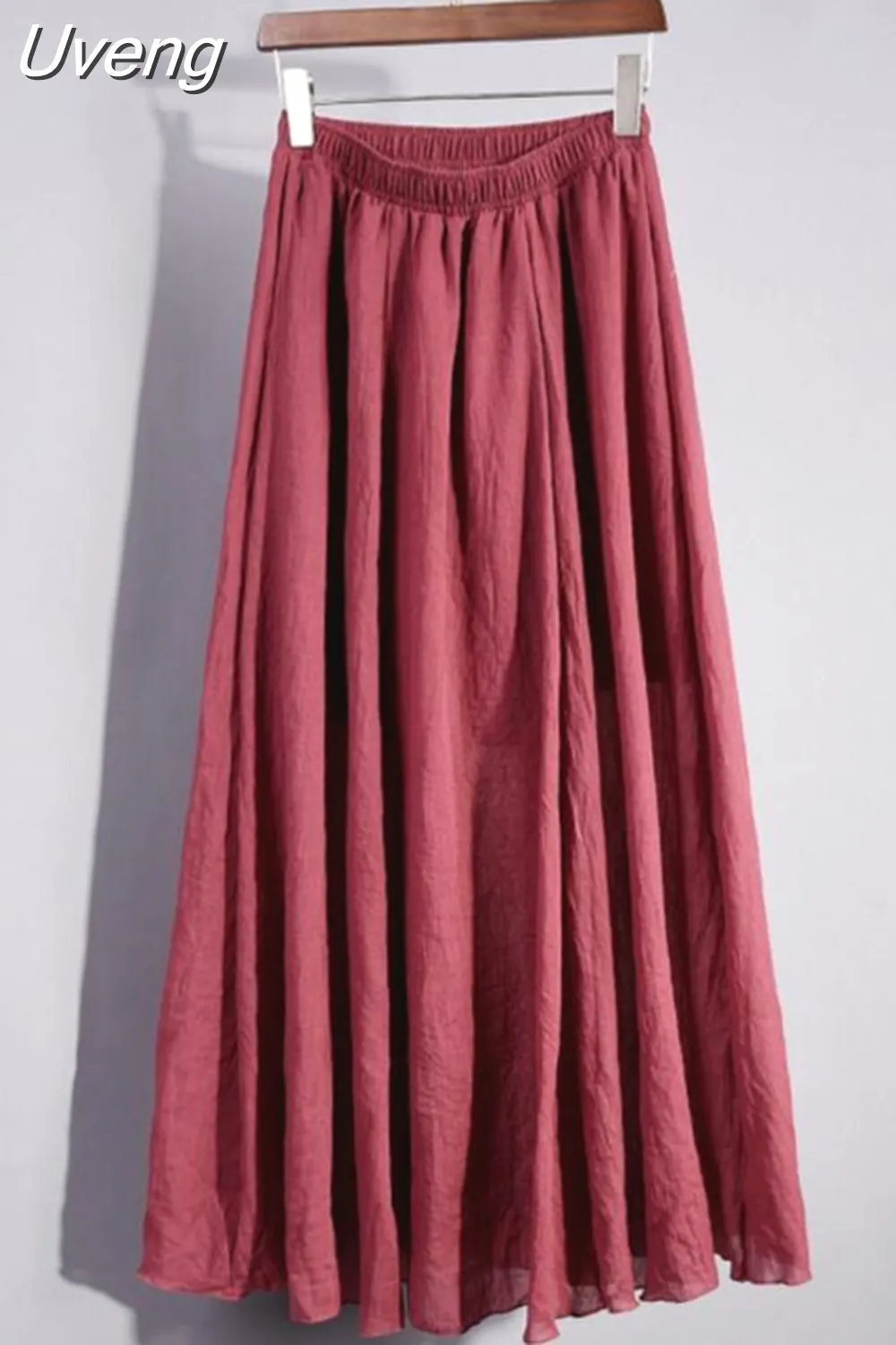 Uveng Women's Elegant 16 Color High Waist Elastic Waist Linen Pleated Long Skirts Ladies Slim Casual Skirt Saias New 2023 Summer SK05
