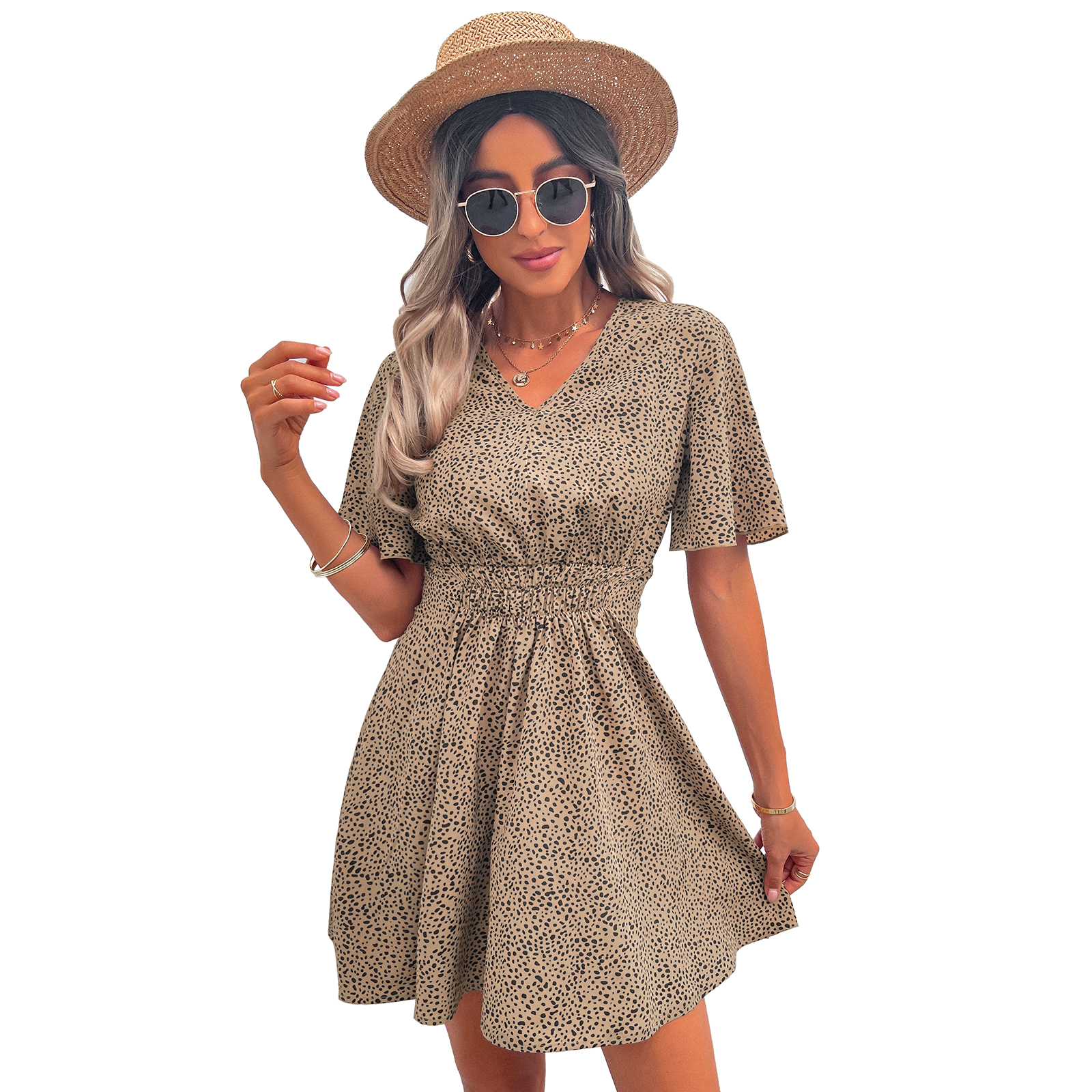 Mature Women Summer Short-sleeved Polka Dot Skirt Dress