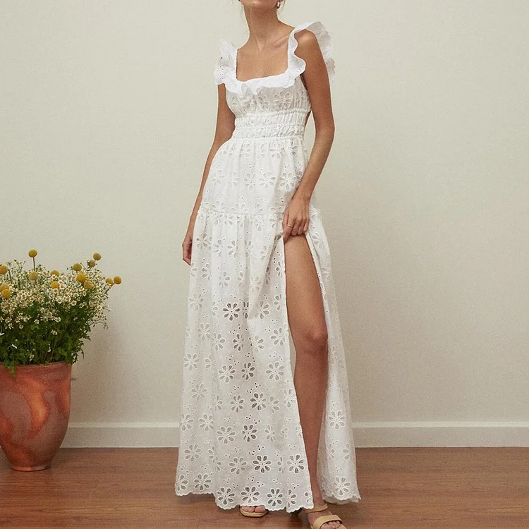 Simpfit Urlaubs-Maxikleid mit U-Ausschnitt, Rüschen und rückenfreiem Schlitz