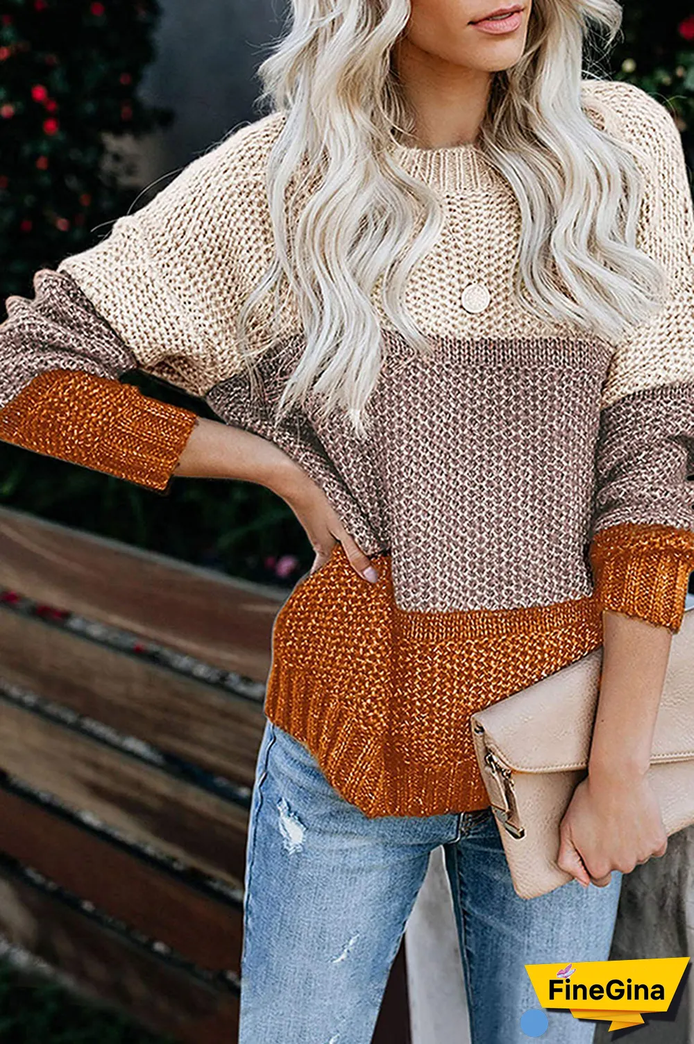 Casual Patchwork Basic  Contrast O Neck Tops Sweater