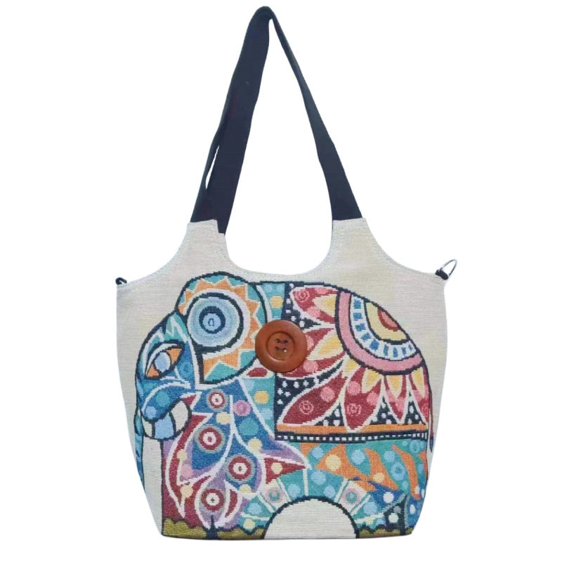 Women’s Large Canvas Elephant Ethnic Style Square Zipper Shoulder Bag
