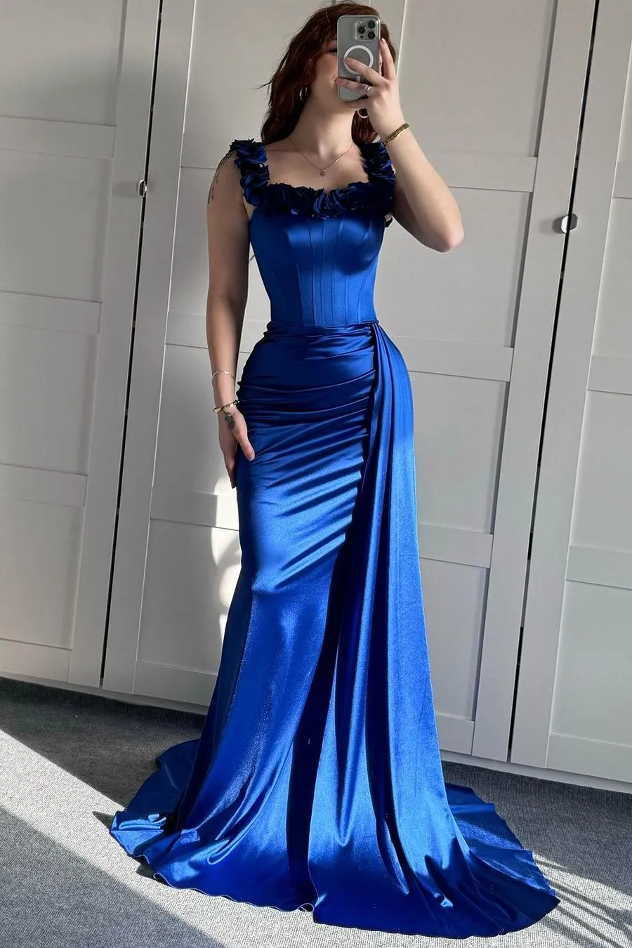 Daisda Stunning Royal Blue Satin Off the Shoulder Sleeveless Long Prom ...