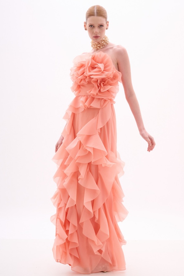 Lussooy Charming Chiffon Strapless Floral Sleeveless Prom Dress with Pleated  