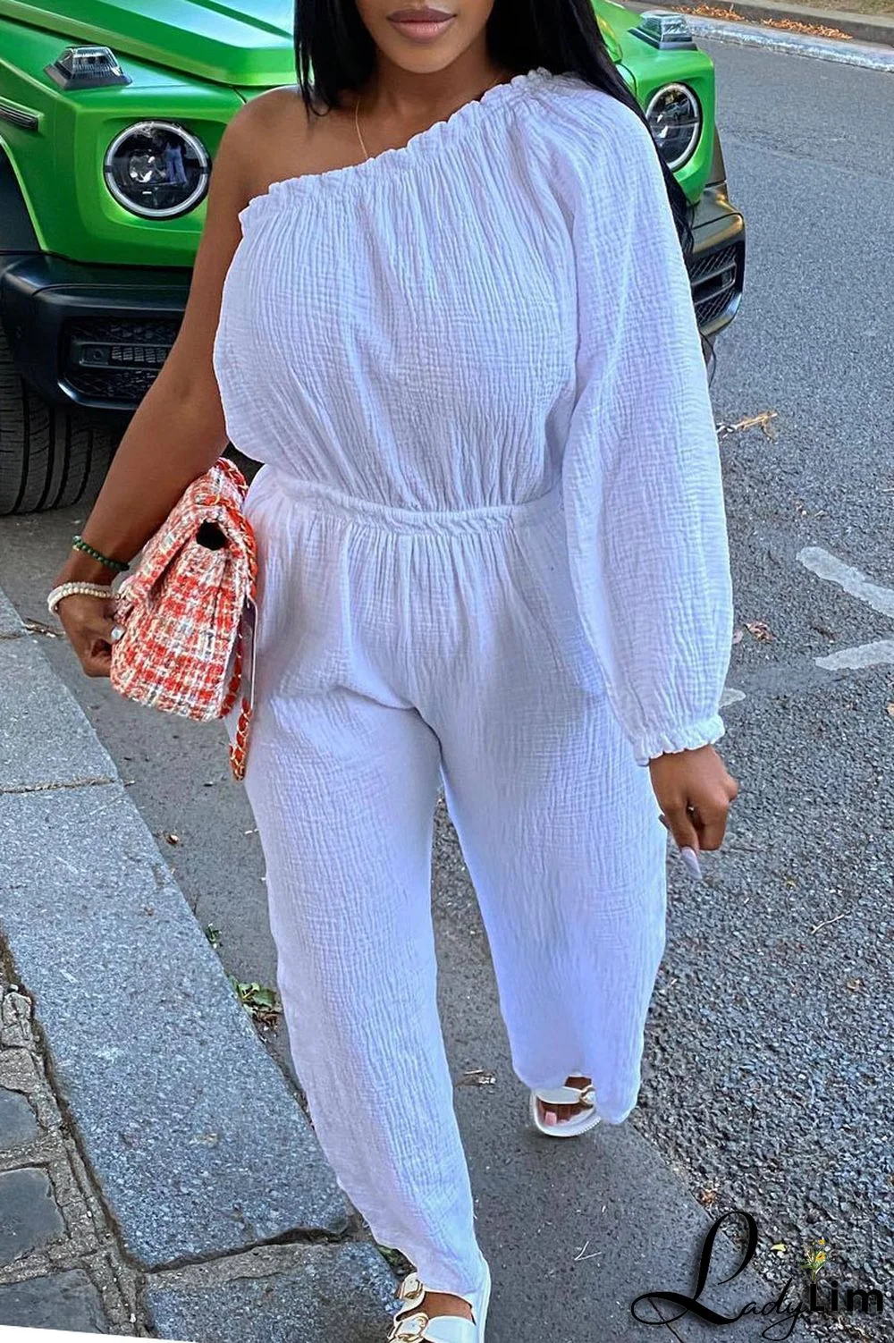 White Casual Solid Patchwork Oblique Collar Straight Jumpsuits