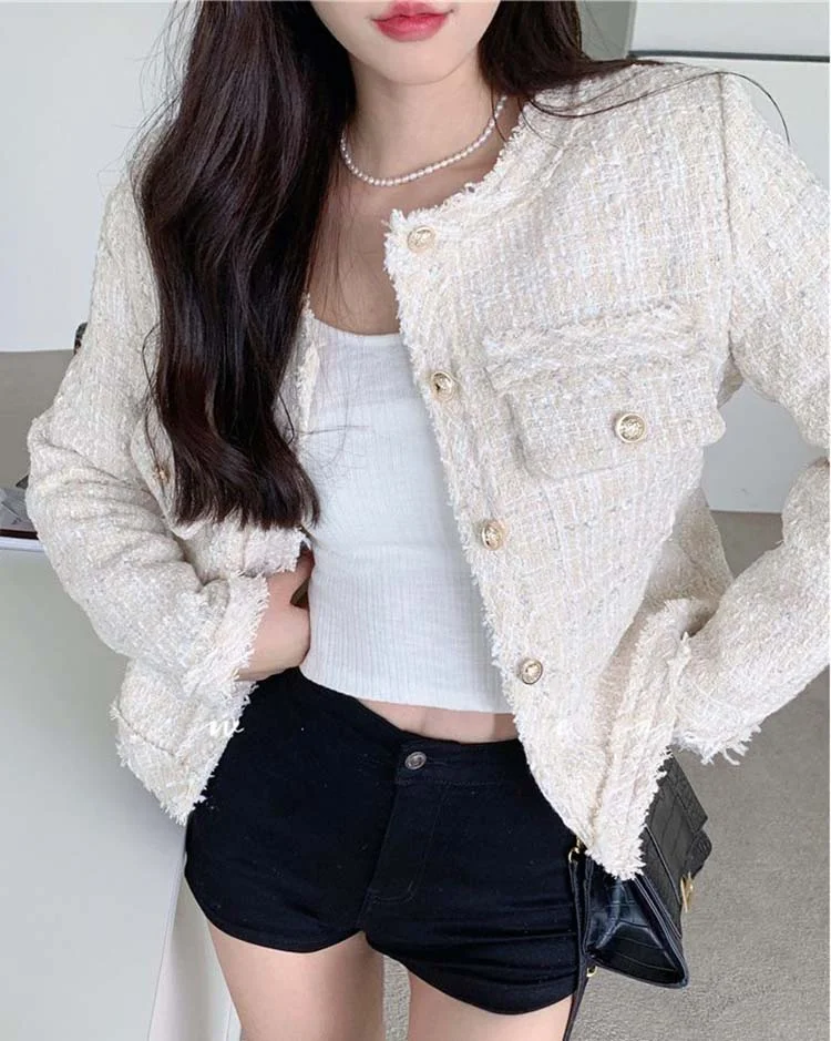 Women's Casual Frayed Tweed Jacket