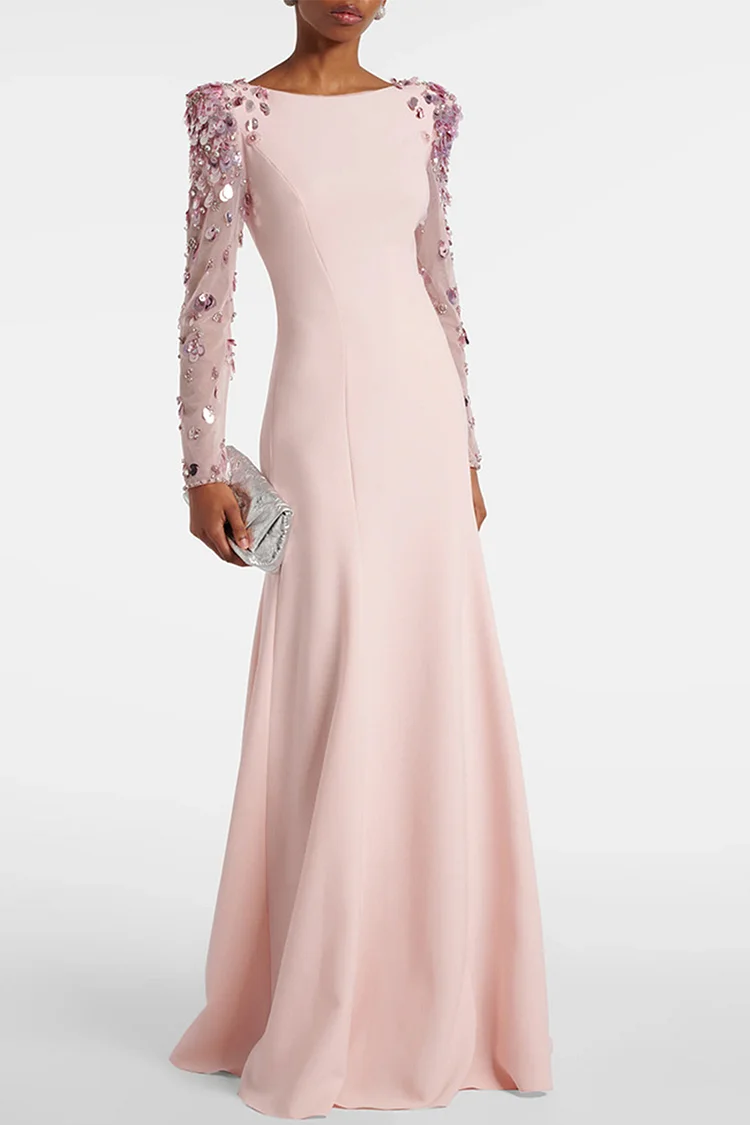 Sequin Rhinestone Mesh Long Sleeve Maxi Dress-Pink
