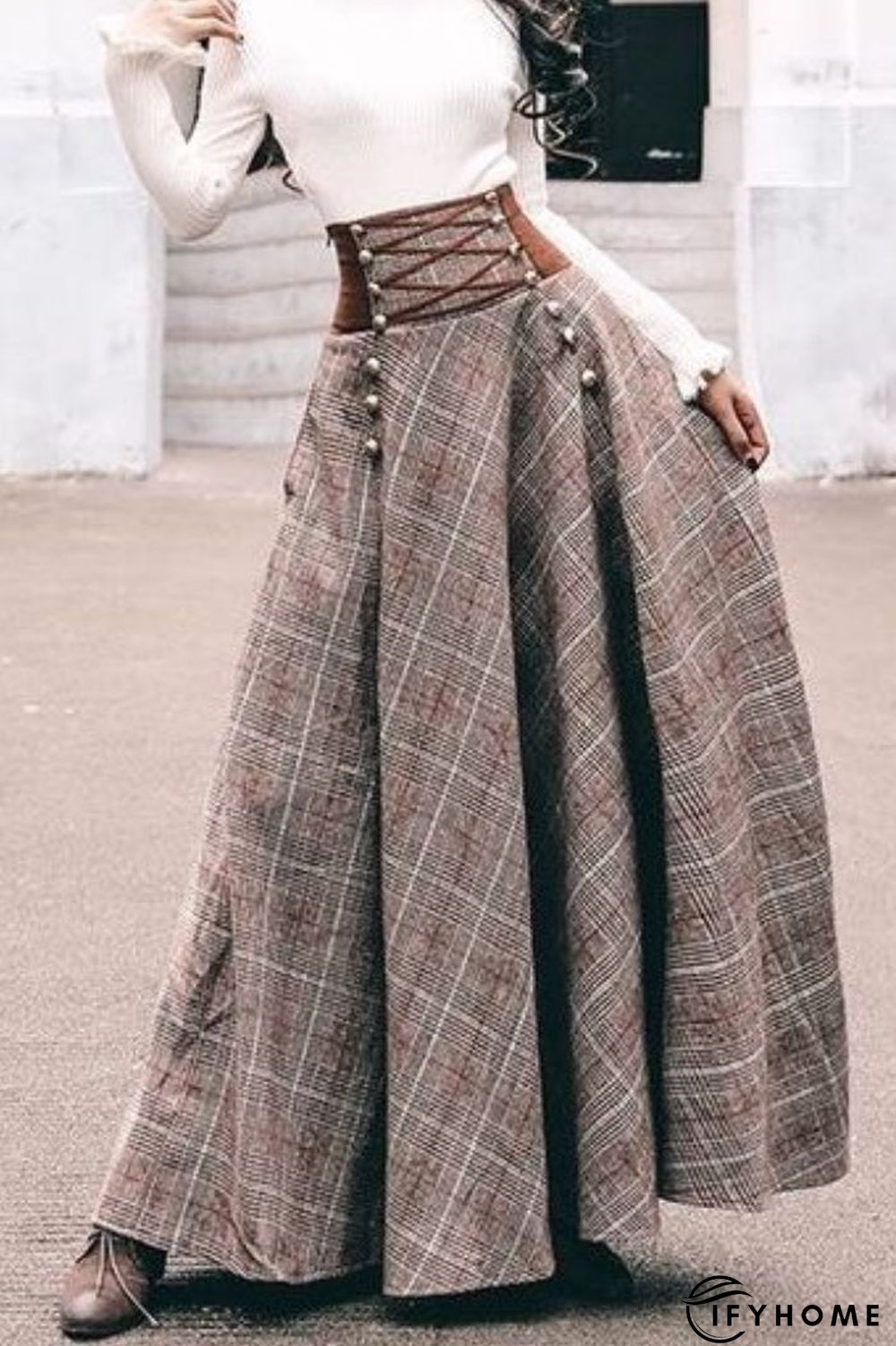 Women Checkered Skirts Vintage High Waisted Button Long Maxi Cotton-Blend Drawstring Skirts | IFYHOME