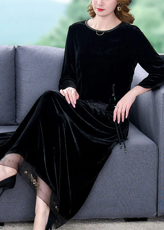 Art Black O-Neck Tulle Patchwork Silk Velour Top And Maxi Skirts Two Pieces Set Long Sleeve