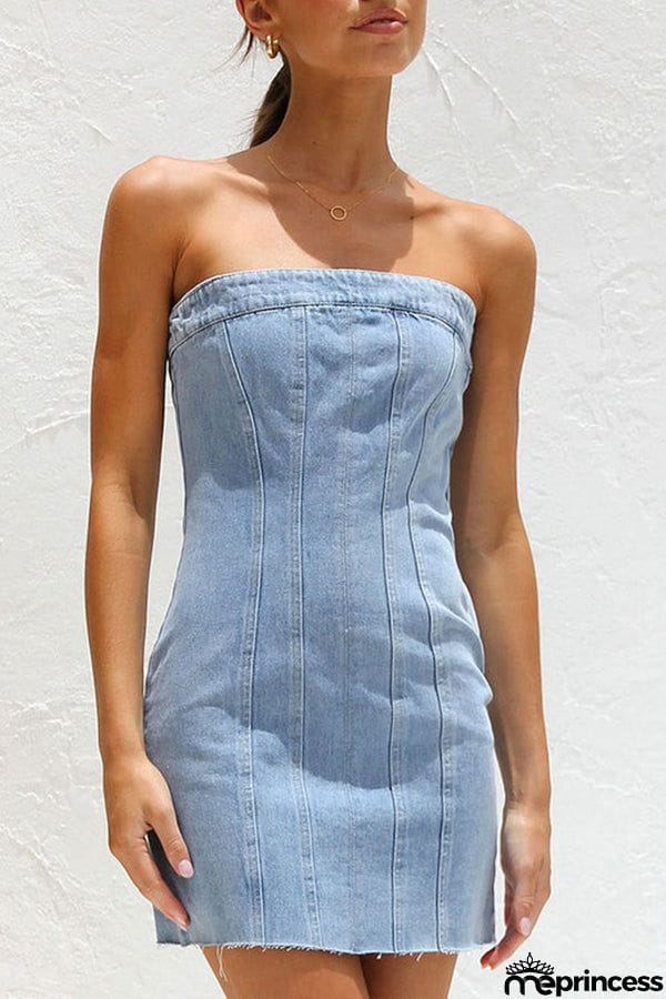 VINTAGE DISTRESSED BANDED STRAPLESS DENIM BODYCON MINI DRESS - LIGHT BLUE