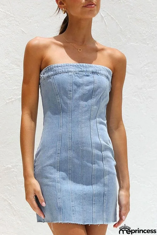 VINTAGE DISTRESSED BANDED STRAPLESS DENIM BODYCON MINI DRESS - LIGHT BLUE