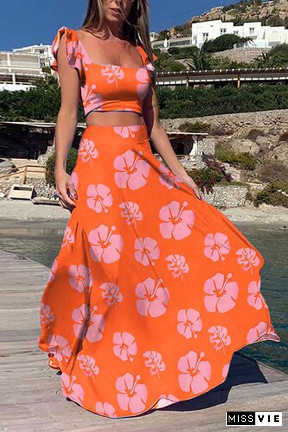 Bohemian Printed Ruffle Two Piece Sets