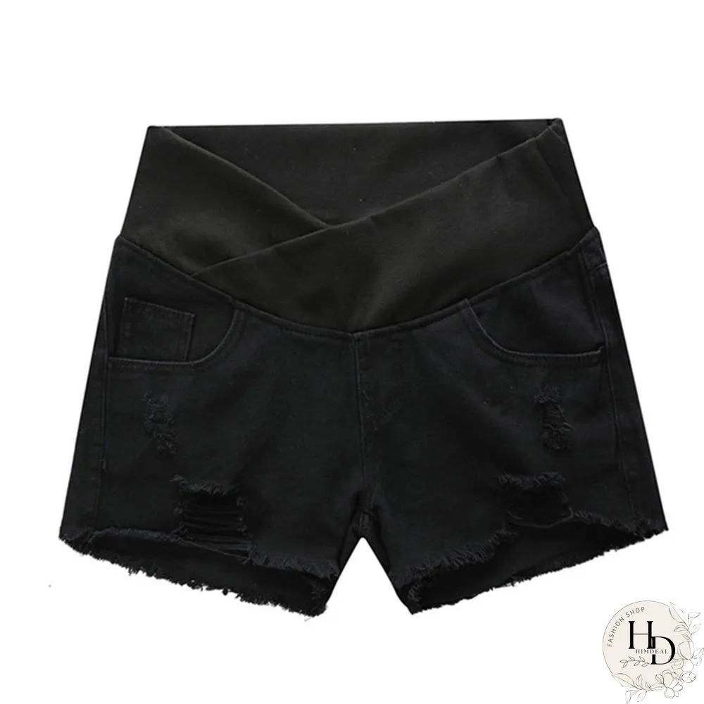 Pregnancy Women's Ripped Denim Shorts Summer Maternity Shorts Pregnant Loose Belly Elastic Jeans
