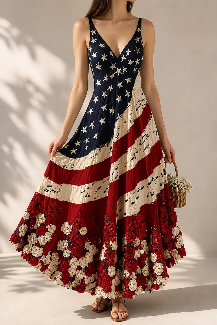 Women's Independence Day Flag And Floral Musical Notes Pattern Sleeveless Dress