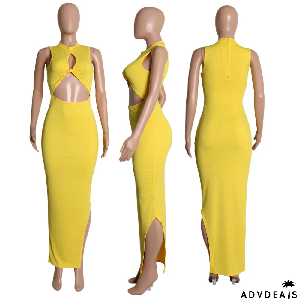 Solid Sleeveless Hollow Out Split Maxi Dress