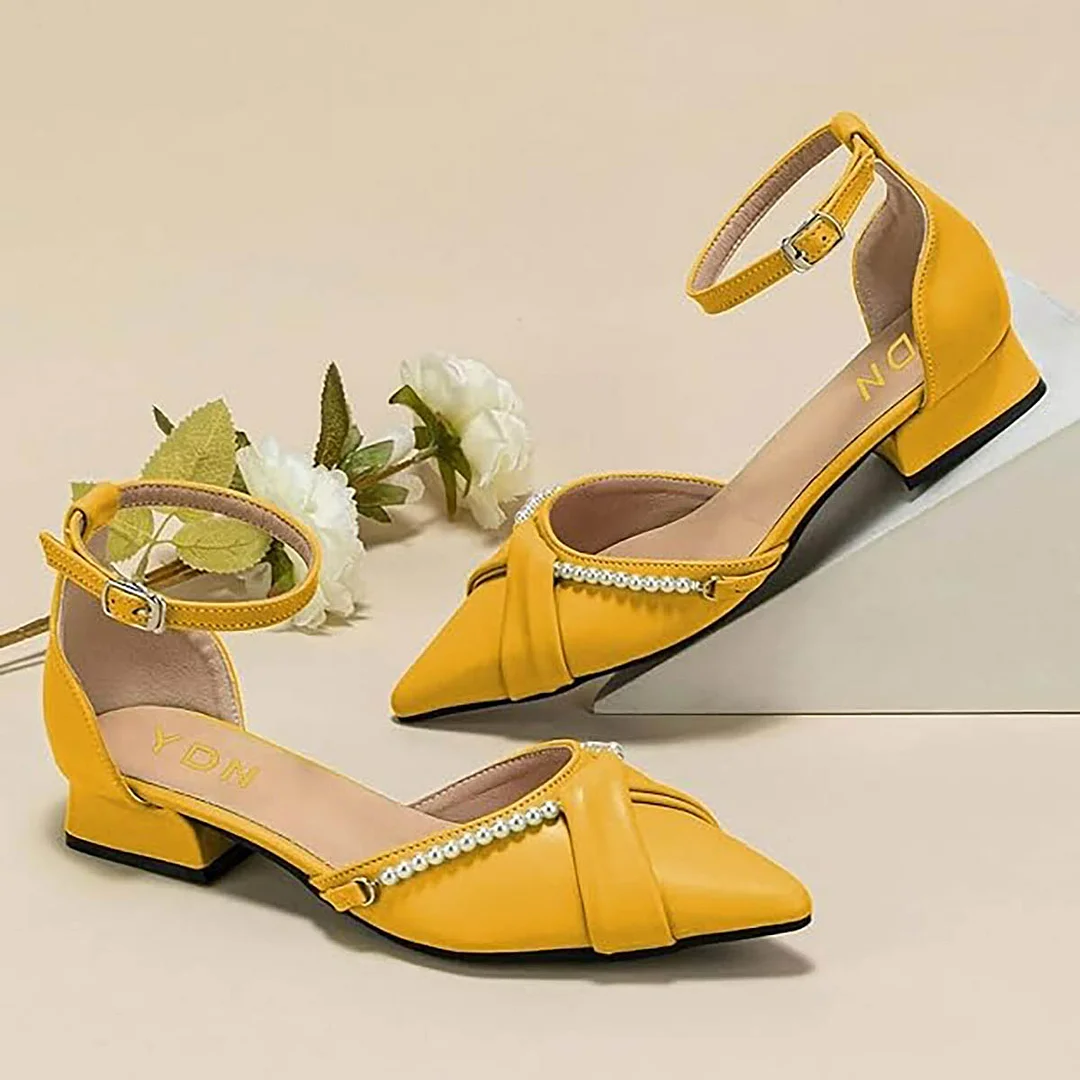 Yellow Pointed Toe Flat Buckle Ankle Strap Pearl Pumps Shoes