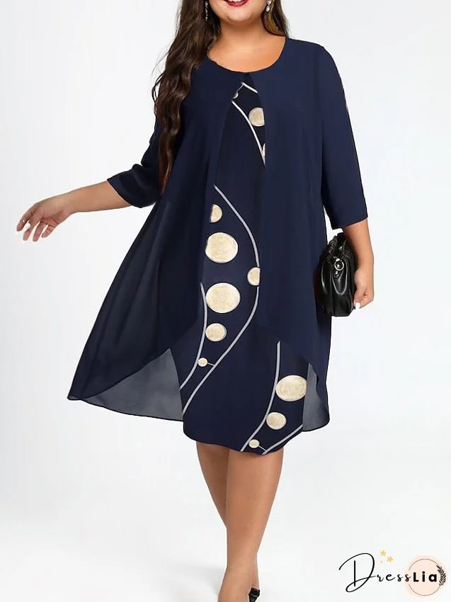 Women's Plus Size Dress Set Graphic Round Neck Ruched 3/4 Length Sleeve Spring Fall Work Formal Knee Length Dress Formal Work Dress / Layered / Print