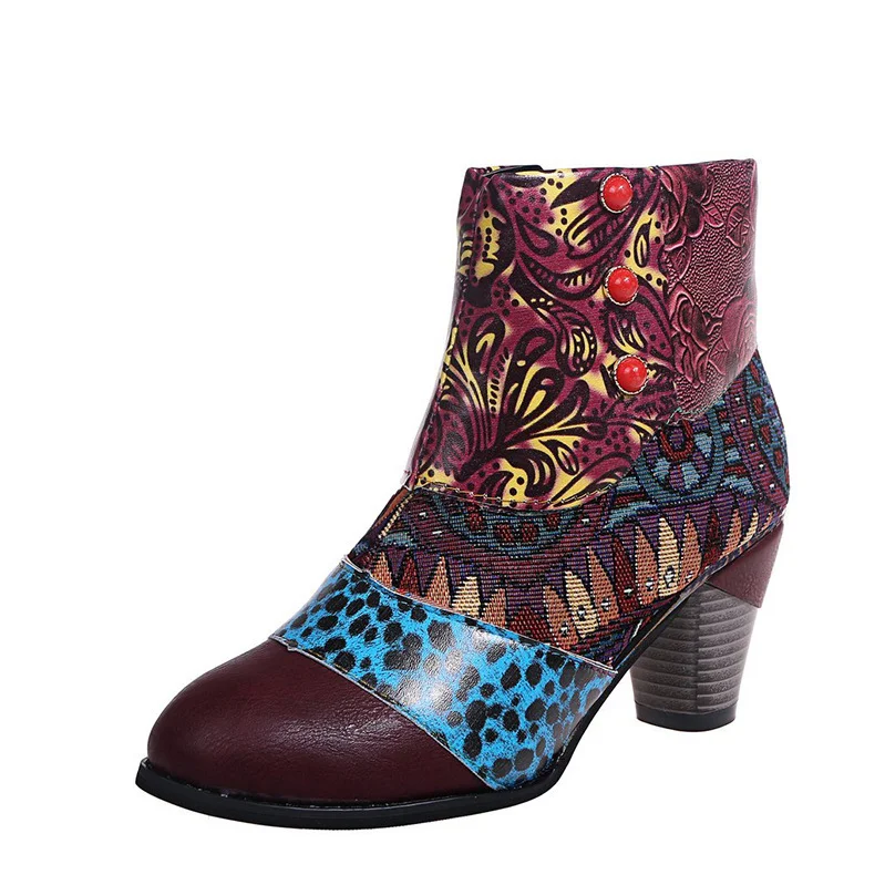 Wongn Wongn Plus Size Bohemian Female Martens Ethnic Style Casual Vintage Stitching High Heel Short Leather Boots