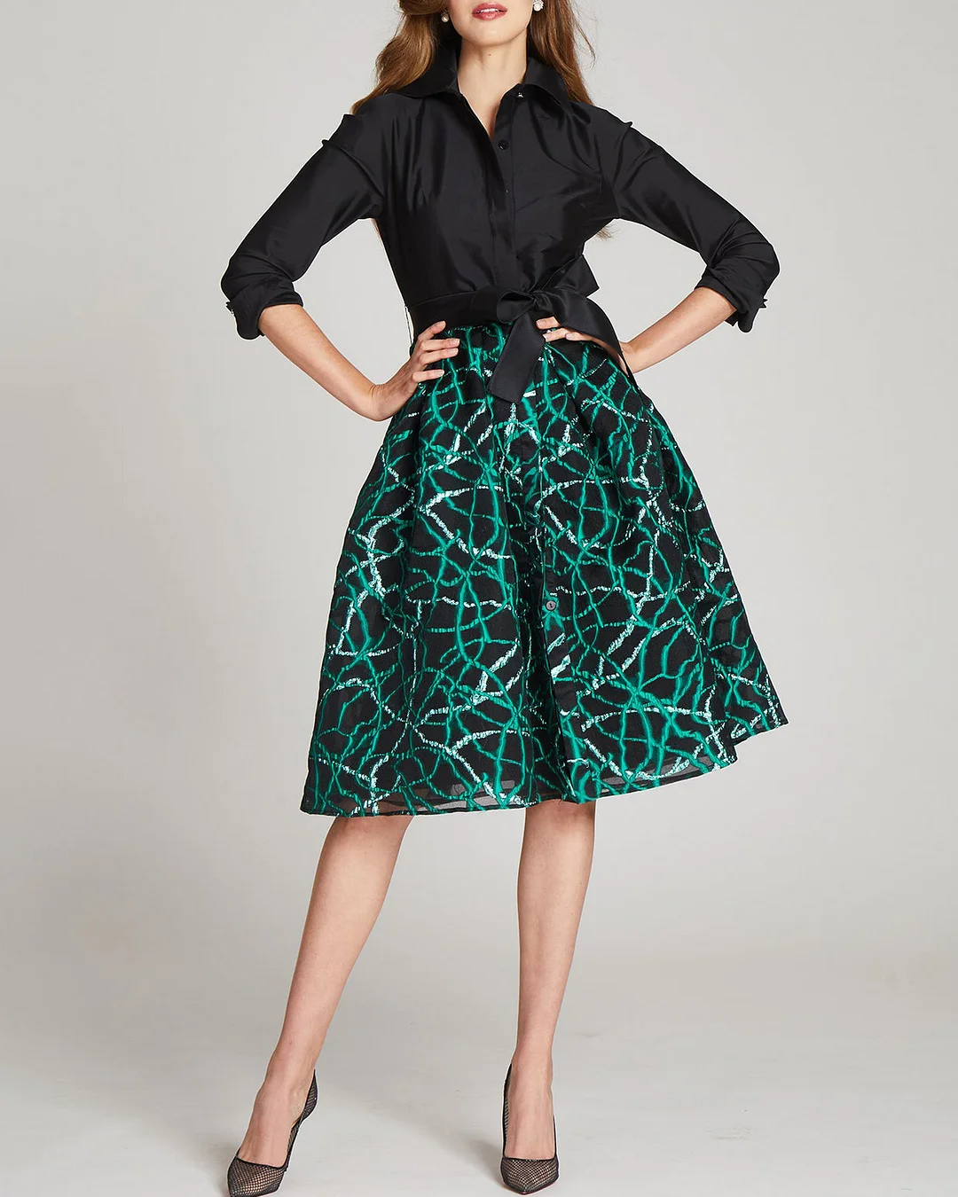 Women's Organza Jacquard Bow Blouse Satin Skirt