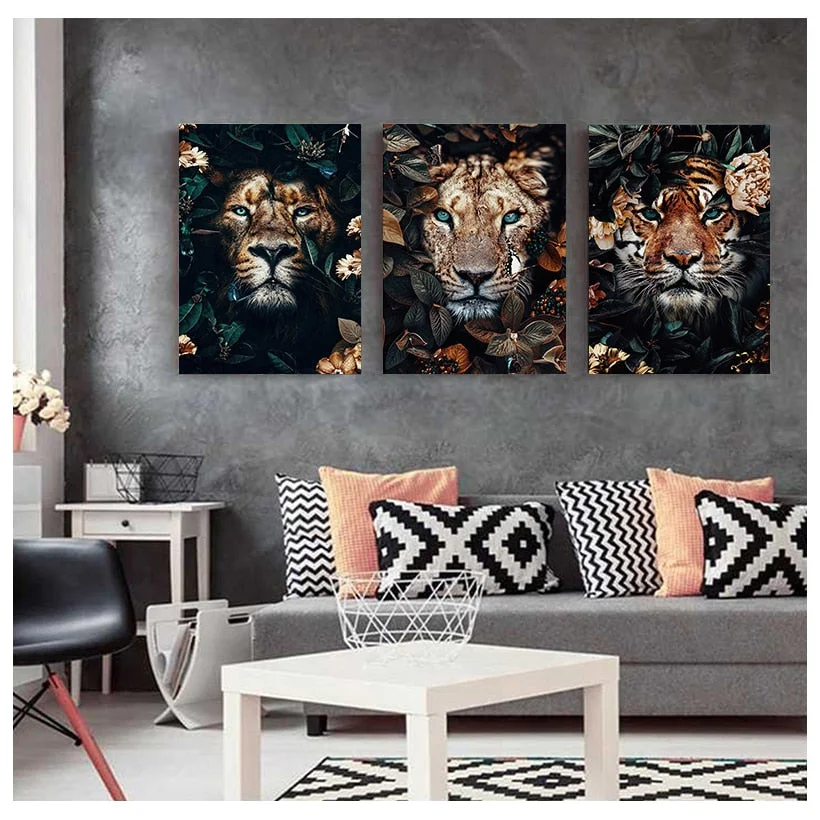 Flower Animal Lion Tiger Deer Leopard Abstract Canvas Painting Wall Art Nordic Print Poster Decorative Picture Living Room Decor