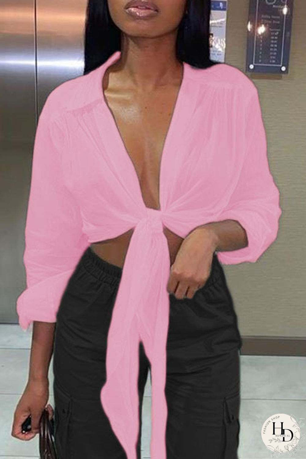 Pink Casual Solid Bandage Turndown Collar Tops