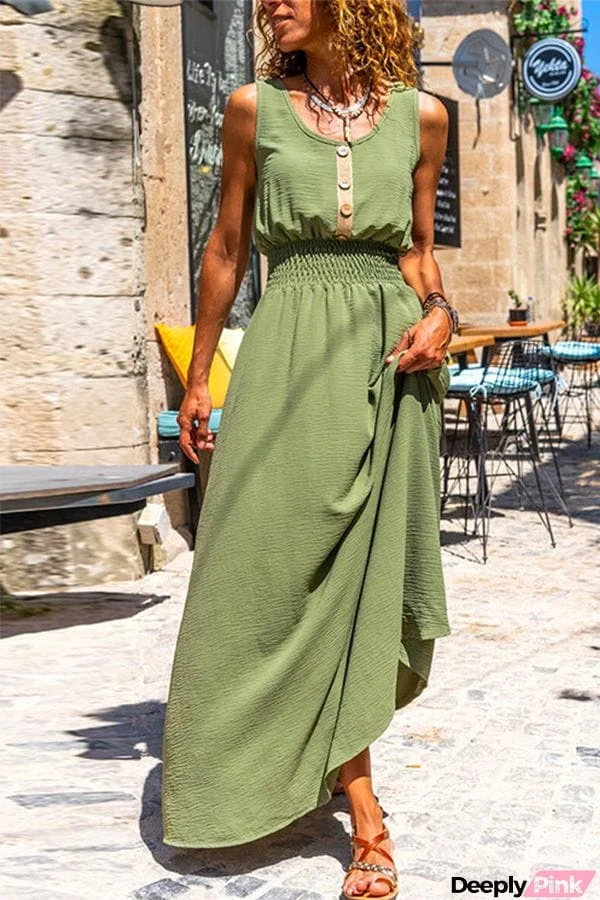Sleeveless Elastic Smocked Waist Maxi Swing Dress