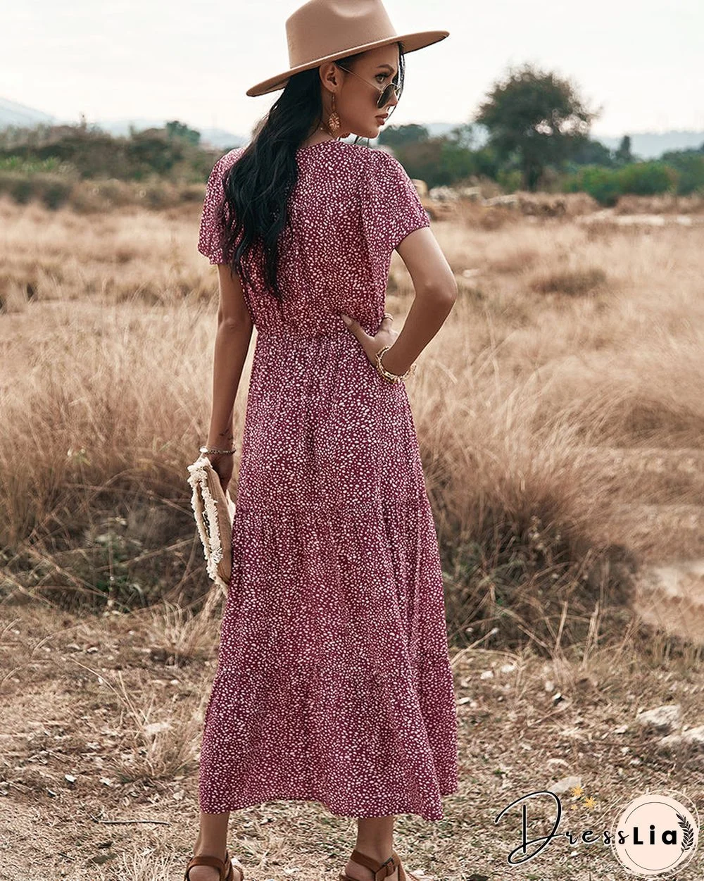 Polka Dot V Neck Side Split Button Up Midi Dress