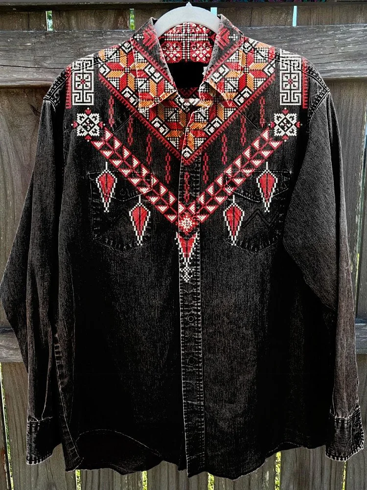 Men's Cowboy Bohemian Style Vintage Stripe Print Casual Shirt