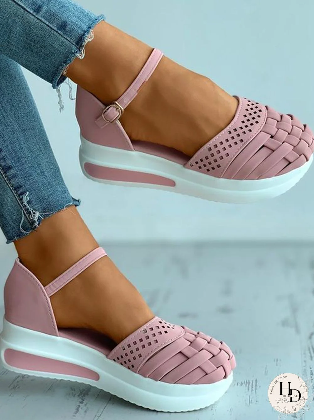 Braided Breathable Cutout Toe Platform Buckle Sandals