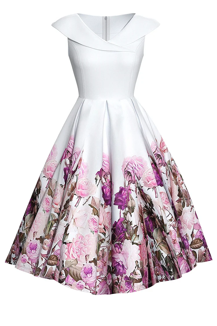 1950s White Party Gradient Floral & Plant Print Sleeveless Swing Flare Midi Dress [In Stock]