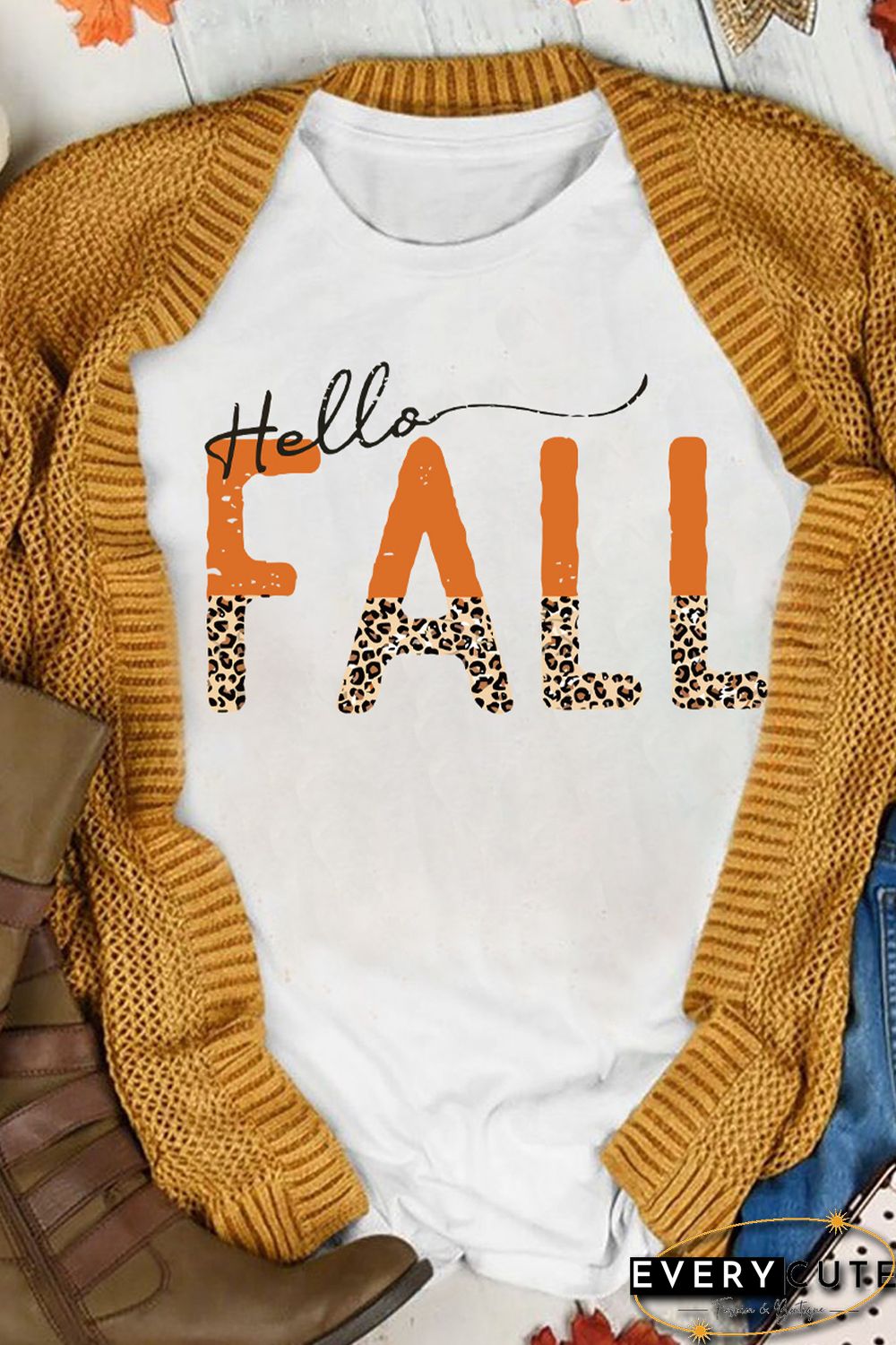 White Hello Fall Leopard Fun Graphic T Shirt