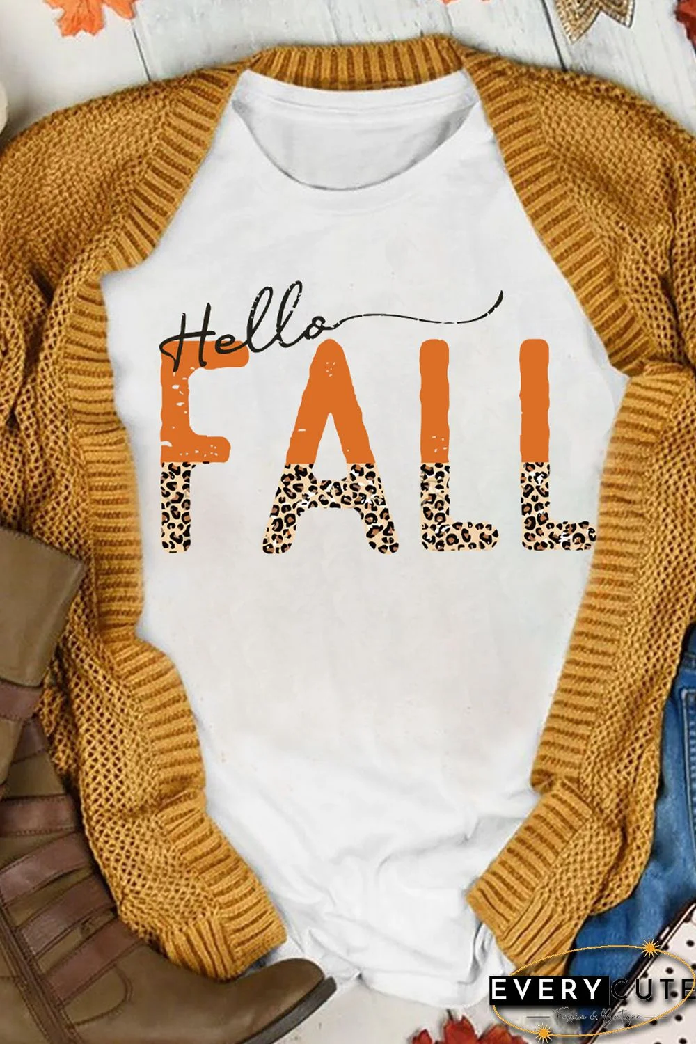 White Hello Fall Leopard Fun Graphic T Shirt