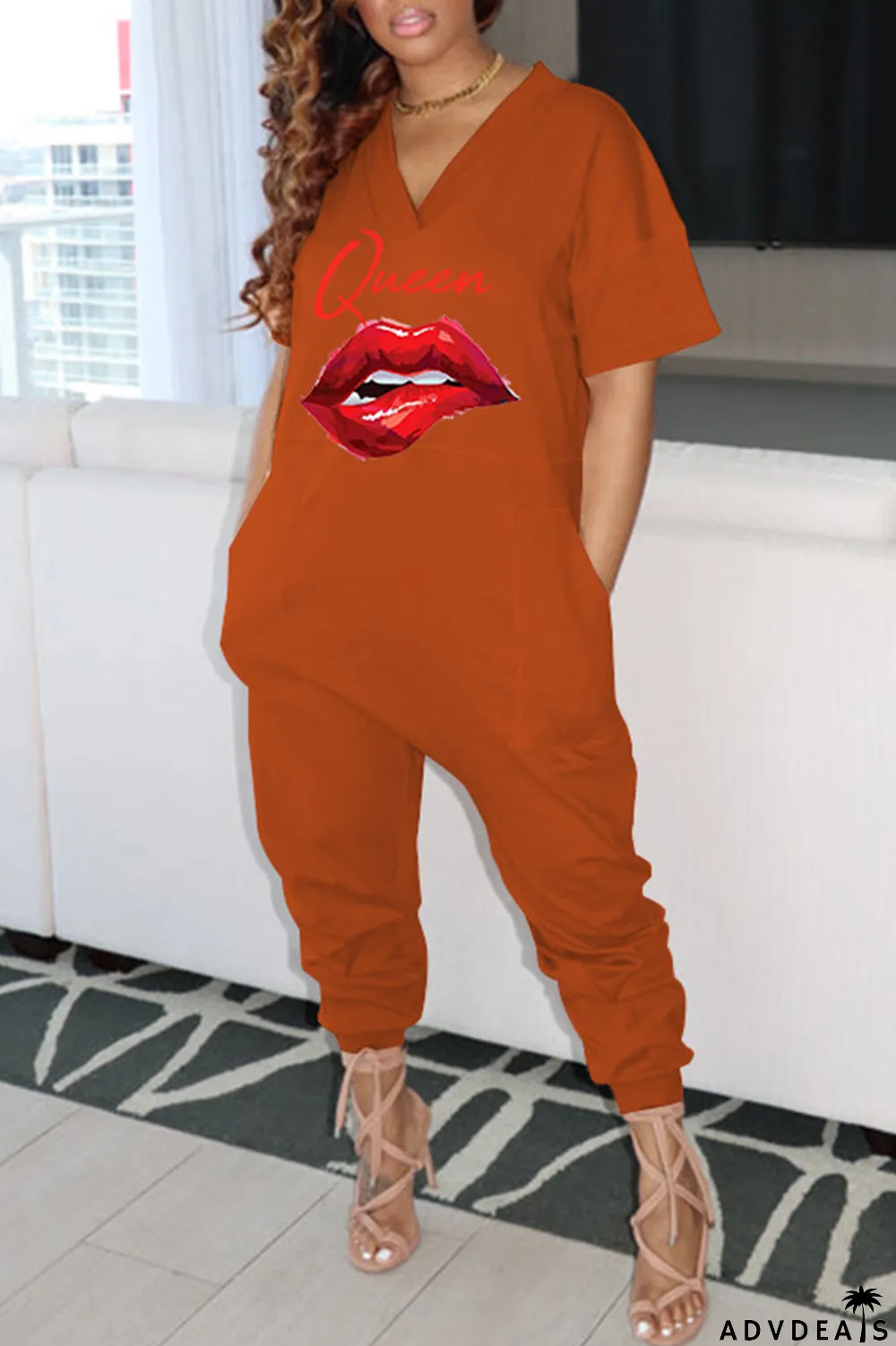 Green Fashion Casual Print Basic V Neck Regular Jumpsuits