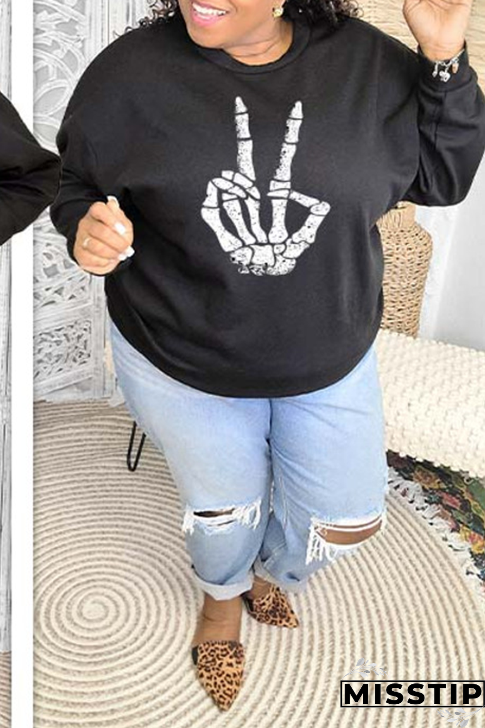 Black Street Vintage Print Patchwork O Neck Tops