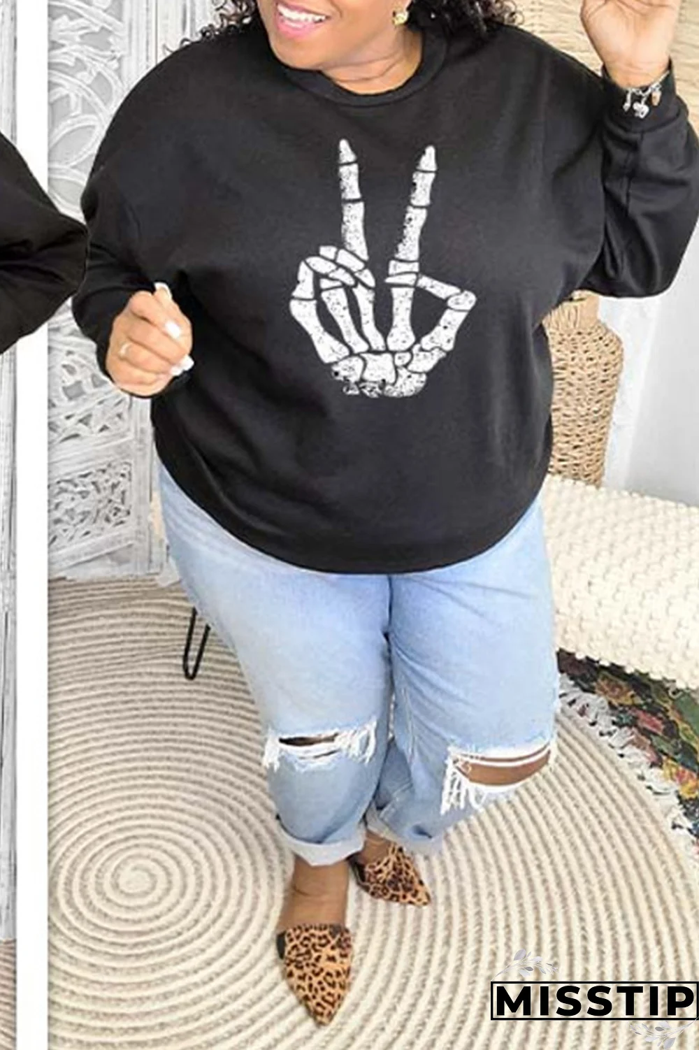 Black Street Vintage Print Patchwork O Neck Tops