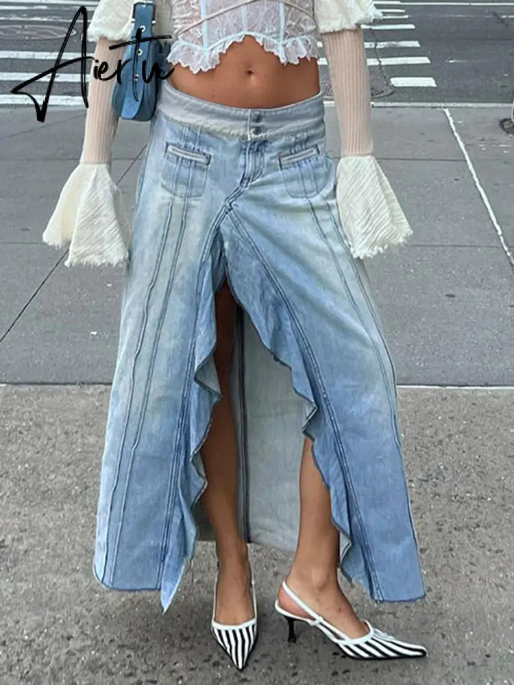 Y2k Split Loose Denim Skirt Harajuku Low Rise Stitched Ruffles Long Skirts For Women Summer Fashion Streetwear Chic Aiertu
